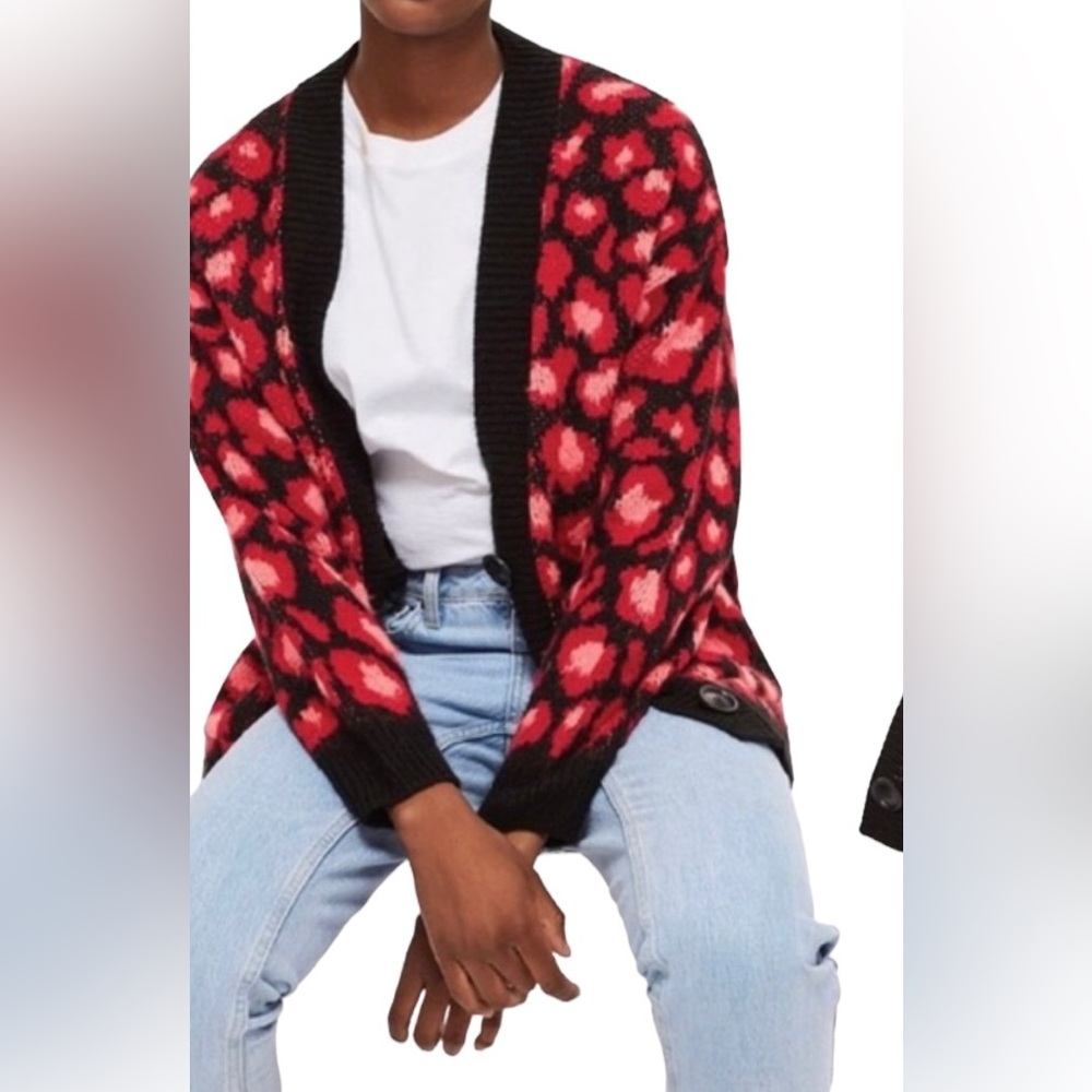 Topshop Pink and Red Leopard Print Button Front "Grandpa" Cardigan 14